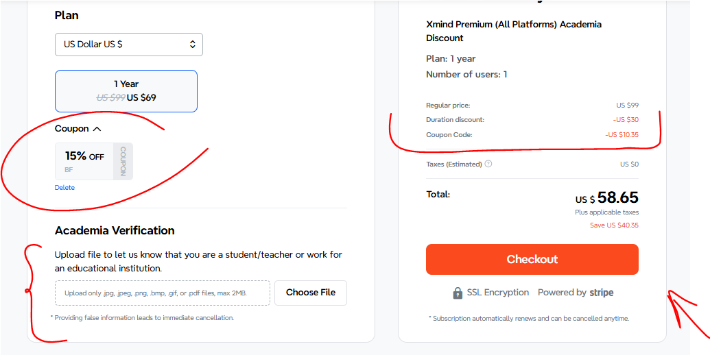 XMind pricing cards showing plan options and discounted annual prices