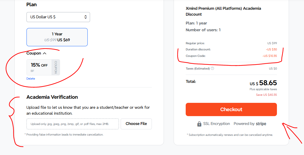 Example coupon page showing XMind coupon code MIND15 with discount summary